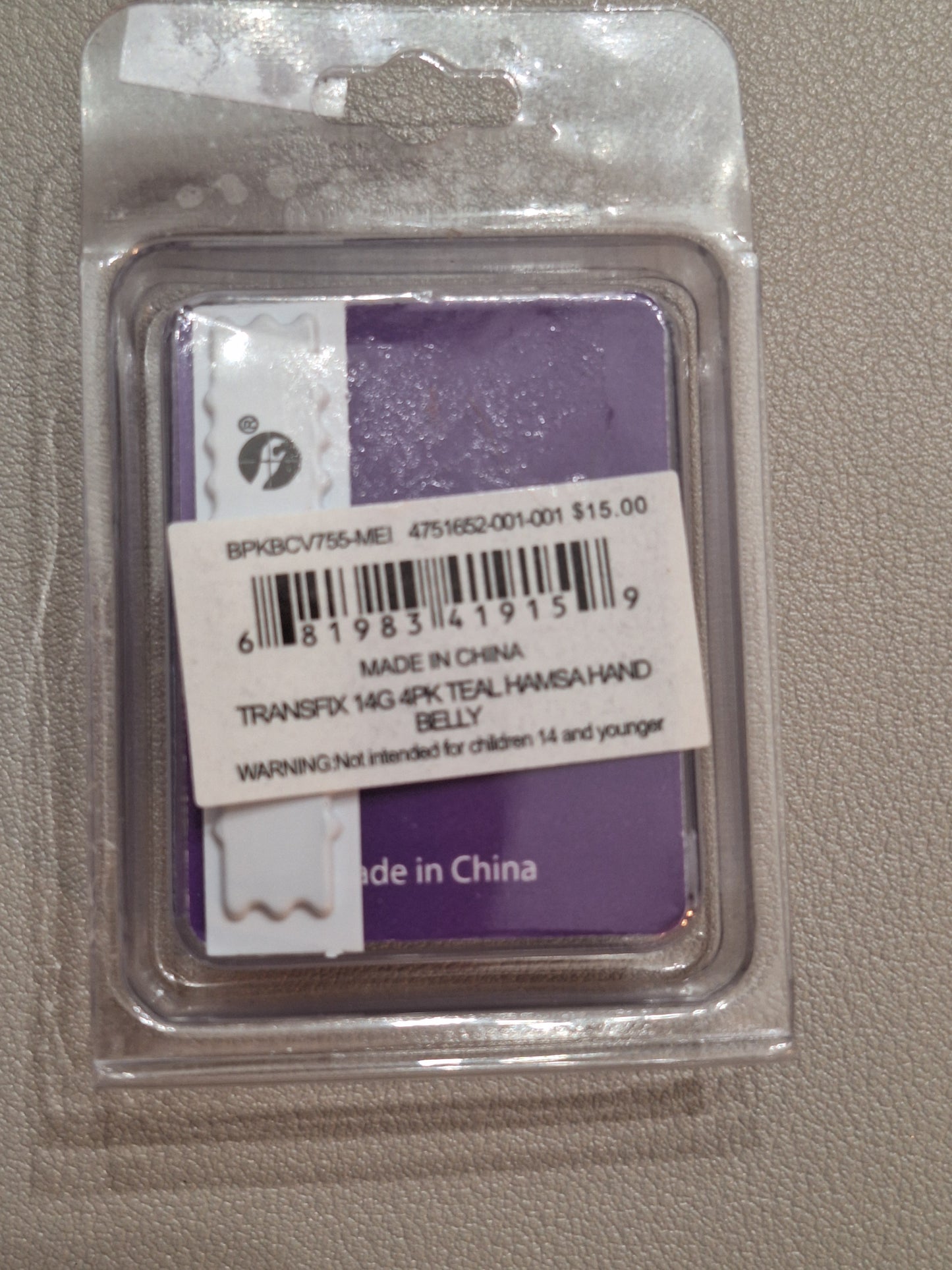 Transfix, teal, 🪬 Hamsa Hand, Belly Jewlery, 14 G, 4 Pack