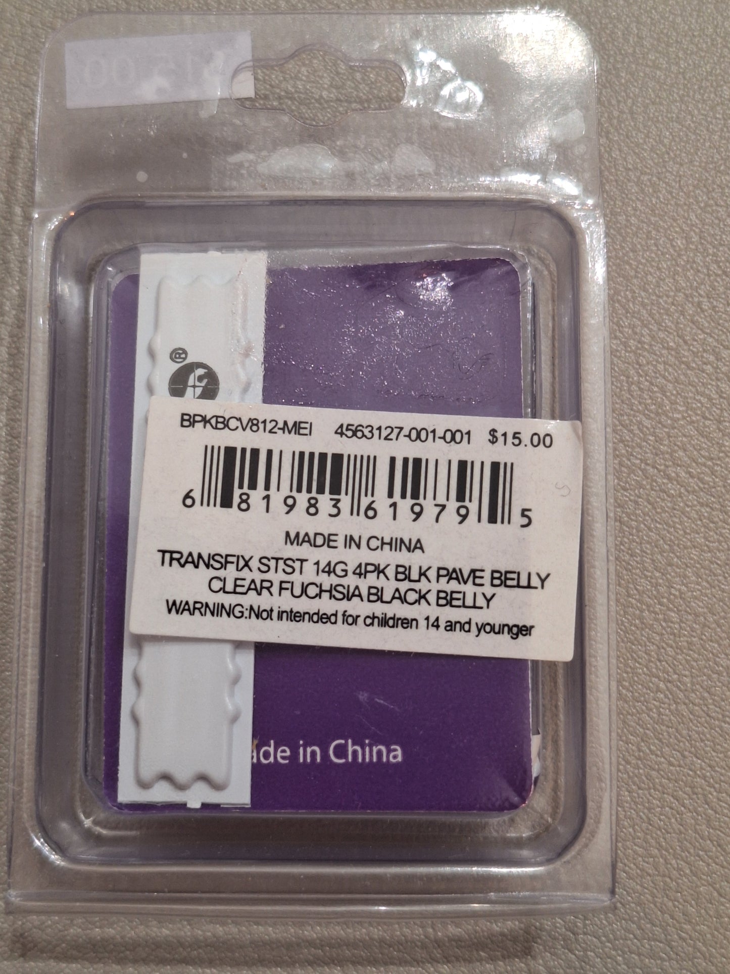 Transfix, Belly Jewlery, 14 G, Black, Clear and Fuchsia, 4 pk